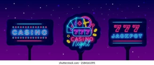 Casino neon signs collection. Royal casino label. Jackpot with seven numbers emblem. Light street billboards pack. Shiny advertising. Game online. Vector stock illustration