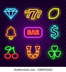 Casino neon signs on dark background vector set