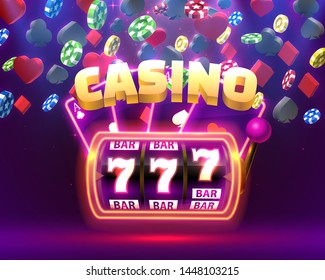 Casino neon slot machine, Playing Cards wins the jackpot. Vector illustration