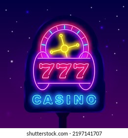 Casino Neon Street Billboard. Night Glowing Advertising. Roulette And Slot Machine Icon. Internet Gambling Game. Jackpot Concept. Shiny Banner. Vector Stock Illustration