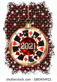 Casino new 2021 year invitation card with poker chip, vector illustration