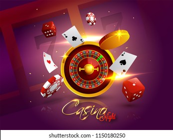 Casino Night background with 3D Chips, Coins, Dice, Roulette Wheel and Playing cards on shiny purple background.