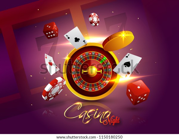 赌场夜背景与3d 芯片 硬币 骰子 轮盘赌和扑克牌闪亮的紫色背景 库存矢量图 免版税