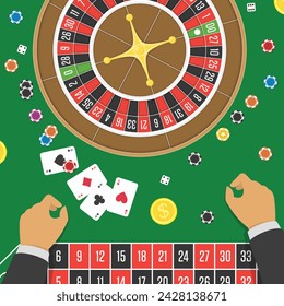 Casino night background. Chips, Coins, Dice and Roulette Wheel set. Online casino poker table concept design. Gamble concept. Vector illustration EPS 10.
