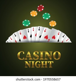 Casino night background with golden text with playing cards, chips