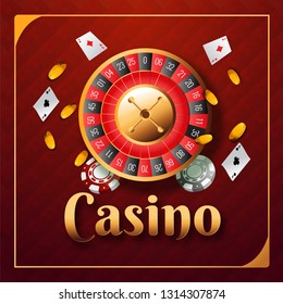 Casino Night banner or poster design with realistic roulette wheel, casino chips, golden coins and playing card on brown strip background.