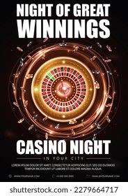 Casino night, black poster with gold shine neon Casino Roulette wheel with poker chips