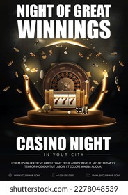 Casino night, black poster with casino roulette wheel with black playing cards, slot machine, dice and chips on podium with gold neon ring on background