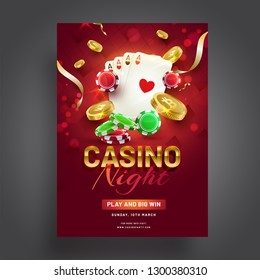 Casino Night celebration template design with casino elements on red bokeh background.