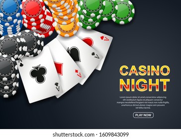 Casino Night. with chip poker and playing card on black background. Flyer, poster or banner design. Vector illustration