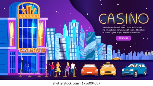 Casino in night city, people nightlife club entrance, skyline background for website, vector illustration. Rich man and woman cartoon characters go to party, gambling evening entertainment invitation