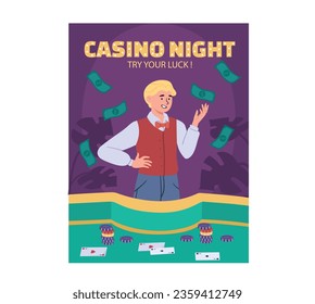 Casino night concept. Man with banknotes near chips and cards. Fortune and luck, gambling. Advertising poster or banner. Entertainment and fun, leisure. Cartoon flat vector illustration