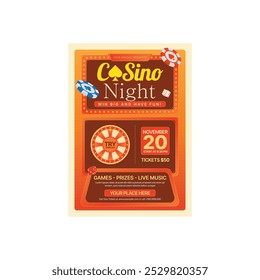 Casino Night flyer illustration with roulette wheel, casino chips and dices. Luxury signboard, poster with realistic casino elements. Vector illustration.