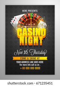 Casino Night Flyer, Template With 3D Lettering, Roulette Wheel, Playing Cards And Dice Elements.