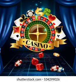 Casino night games roulette wheel circle composition with four-leaf clover luck symbol background poster vector illustration  