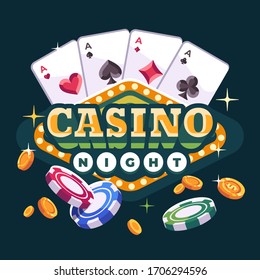 Casino night illustration with playing cards, poker chips and gold coins