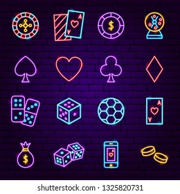 Casino Night Neon Icons. Ilustración vectorial de la promoción de los clubes de juegos.