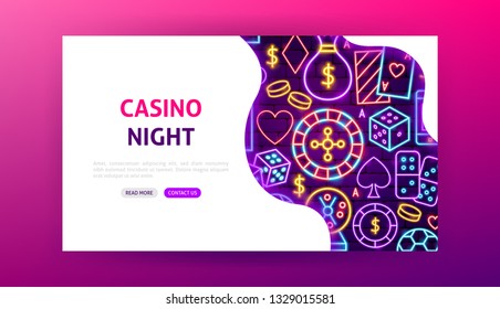 Casino Night Neon Landing Page. Vector Illustration of Game Promotion.