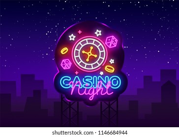 Casino Night Neon Logo Vector. Casino neon sign, design template, modern trend design, casino neon signboard, night bright advertising, light banner, light art. Vector illustration. Billboard