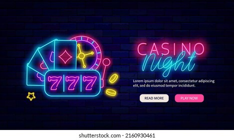 Casino night neon promotion template. Website landing page. Jackpot symbol. Money and winning concept. Bright flyer. Editable stroke. Vector stock illustration