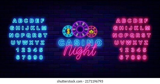 Casino night neon sign. Casino chips. Shiny blue and pink alphabet. Online gambling game. Jackpot concept. Glowing emblem on brick wall. Editable stroke. Vector stock illustration