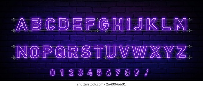 Casino night neon sign. Casino chips. Shiny blue and pink alphabet. Online gambling game. Jackpot concept. Glowing emblem on brick wall. Editable stroke. Vector stock illustration