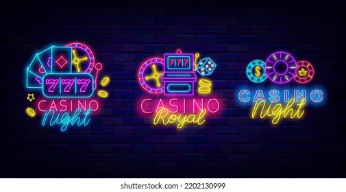 Casino night neon signs collection. Royal casino with roulette. Jackpot and chips. Glowing jackpot badge. Gambling concept on brick wall background. Editable stroke. Vector stock illustration