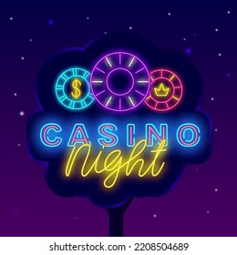 Casino night neon street billboard. Night glowing advertising. Casino chips. Internet gambling game. Winner concept. Glowing banner. Editable stroke. Vector stock illustration