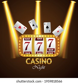 Casino night party background with creative slot machine, playing cards
