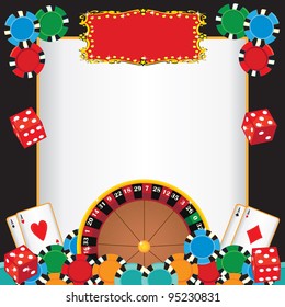 Casino Night Party Event Invitation With Roulette Wheel, Gambling Chips, Playing Cards And Dice With A Red Marquee To Highlight Your Event Name.