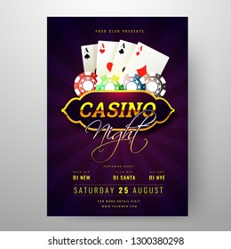 Casino Night party invitation card design with playing cards and poker chips illustration on purple rays background.