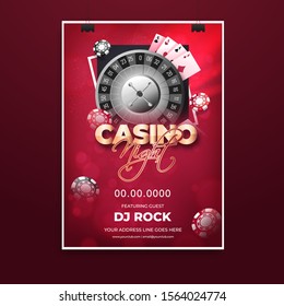 Casino Night Party Invitation Card Or Template Design With Roulette Wheel, Playing Cards And Poker Chip On Red Light Effect Background With Venue Details.