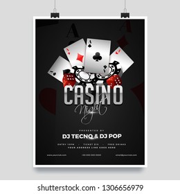 Casino Night Party Template Design With Casino Element On Shiny Black Background And Venue Details.