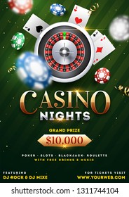 Casino Night party template design with realistic roulette wheel, playing cards and casino chips illustration on green background.