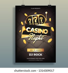 Casino Night party template design with realistic gold coins and slot machine on black leather background.