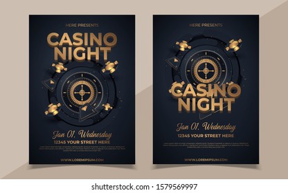 Casino Night Party Template Design With Casino Element On Shiny Black Background And Venue Details.