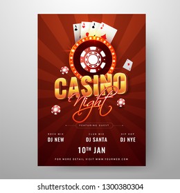 Casino Night Party Template Or Flyer Design Decorated With Poker, Chips And Playing Cards Illustration On Red Rays Background.