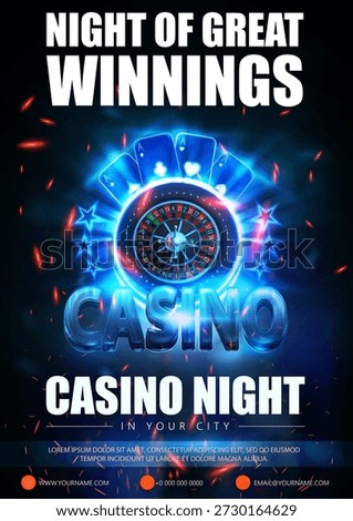 Casino night poster with a blue background and a blue neon casino wheel with cards. Casino night, advertisement featuring a blue background with a blue casino wheel.