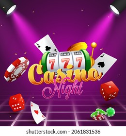 Casino Night Poster Design With 3D Slot Machine, Playing Cards, Poker Chips, Golden Coins And Focus Lights On Purple Grid Background.
