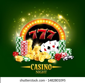 Casino night poster, poker gambling cards and dice. Vector casino jackpot big win golden cash coins, lucky 7 and wheel of fortune roulette token chips, Hold Them and Texas poker sparkling gold