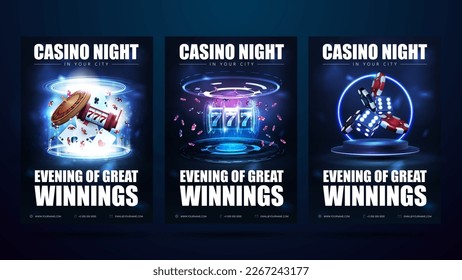 Casino night, set of blue digital invitation posters with slot machine, roulette wheel, playing cards, dice and poker chips