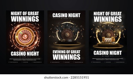 Casino night, set of invitation black posters with casino elements. Posters with Casino Roulette wheel, playing cards, slot machine and poker chips