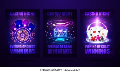 Casino night, set of invitation posters with neon casino elements. Posters with digital hologram of slot machine, Casino Roulette wheel, playing cards and poker chips