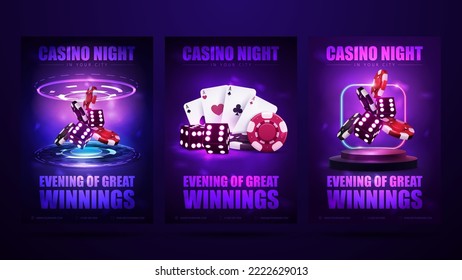 Casino night, set of invitation posters with neon casino elements. Posters with neon dice, red and black realistic gambling stack of casino chips and playing cards