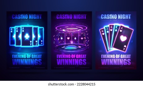 Casino night, set of invitation posters with neon playing cards with poker chips.