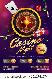 Casino Night template or flyer design with realistic roulette wheel and casino elements on purple background.