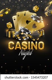 Casino Night Template Or Flyer Design With Golden Playing Cards, Dices And Poker Chips On Black Light Effect Background.