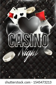 Casino Night template or flyer design with playing cards and coins on black leather texture background with lighting effect.