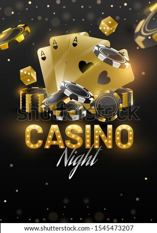 Casino Night template or flyer design with golden playing cards, dices and poker chips on black light effect background.