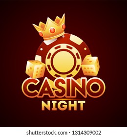 Casino night template poster design with realistic casino chip, dices and crown illustration on brown background.